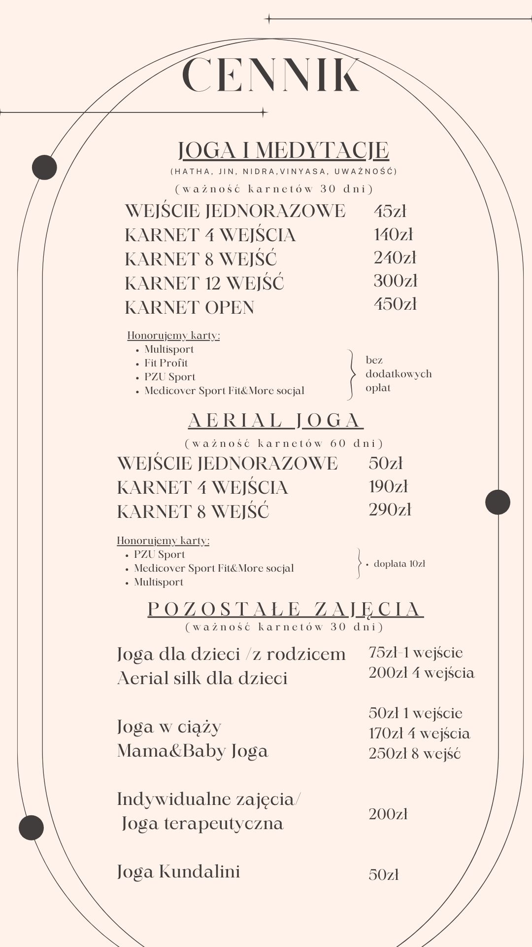 JOGA CENNIK